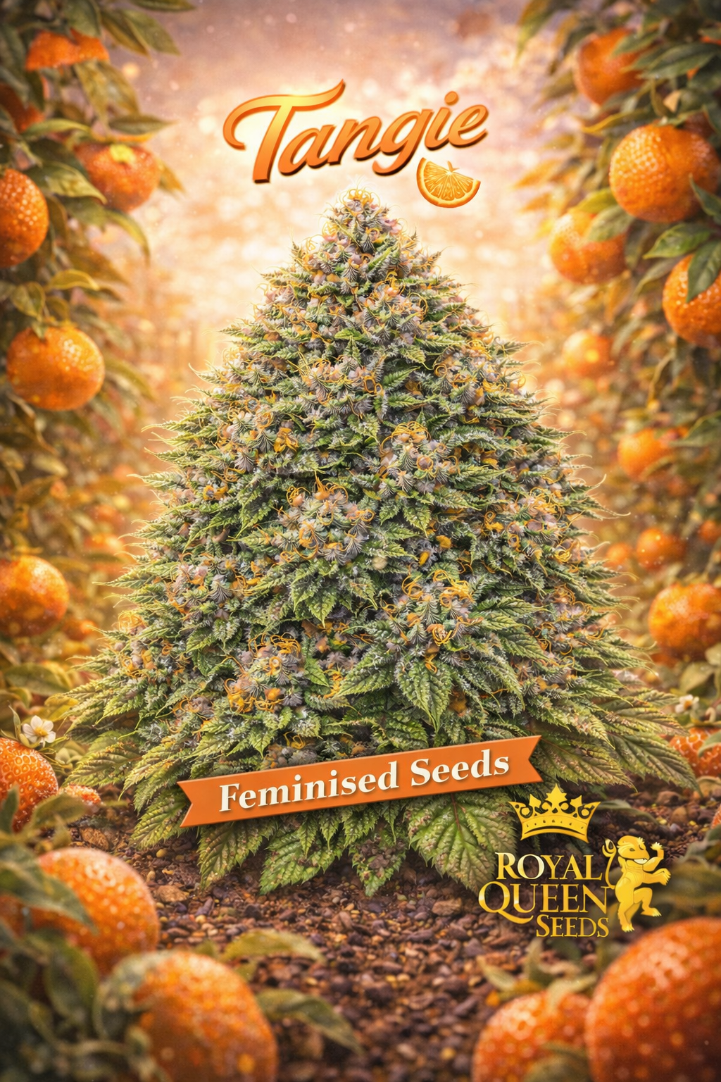 Hyper-realistic promotional artwork of “Tangie Feminised Seeds – Royal Queen Seeds,” featuring a dense cannabis plant with frosty lime-green buds, bright orange pistils, and light purple hues. The background shows a glowing orange orchard with ripe tangerines, matching the citrus-themed strain name. Bold orange “Tangie” text, a “Feminised Seeds” banner, and the Royal Queen Seeds lion logo are included. No grow equipment shown.
