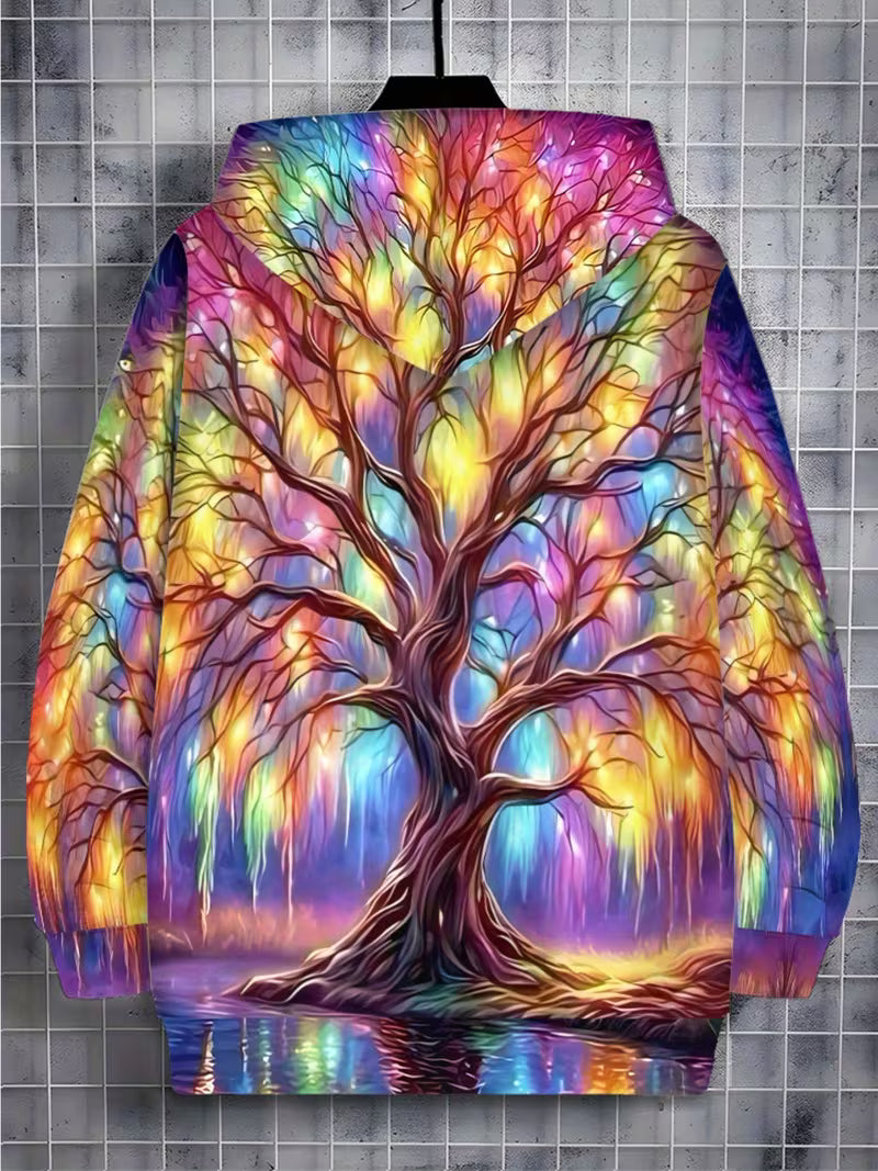 Back Psychedelic rainbow tree zip hoodie with glowing forest reflection festival design