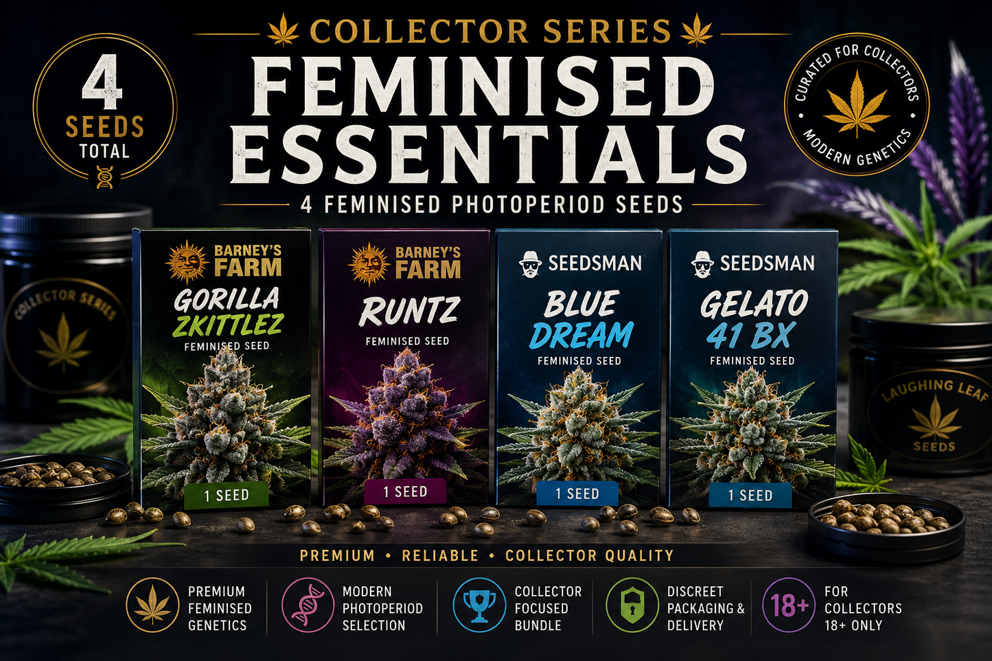 Promotional graphic for a seed collection bundle titled 'Feminised Essentials' with four labeled seed packets shown in front of dark jars and plants. Text includes '4 Seeds Total,' '4 Feminised Photoperiod Seeds,' and seed varieties Gorilla, Runtz, Blue Dream, and Gelato 41 BX.