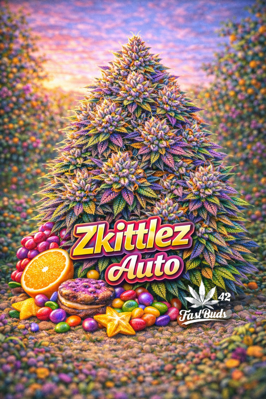 Hyper-realistic promotional artwork for Zkittlez Auto Feminised Seeds by Fast Buds, featuring a vibrant multi-coloured cannabis plant with frosty buds in purples, greens and oranges, set against a bright candy-themed sunset backdrop, with assorted sweets and citrus slices at the base, bold strain text, and the Fast Buds logo.