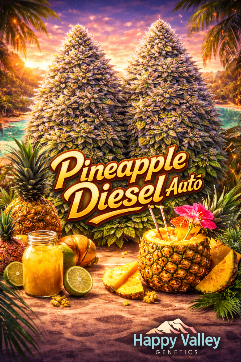 Hyper-realistic promotional artwork for Pineapple Diesel Auto Feminised Seeds by Happy Valley Genetics, featuring two dense frosty cannabis plants on a bright tropical beach at sunset, surrounded by pineapples, lime slices, a pineapple cocktail with straws, and a jar of pineapple purée, with bold strain text and the Happy Valley Genetics logo at the bottom.