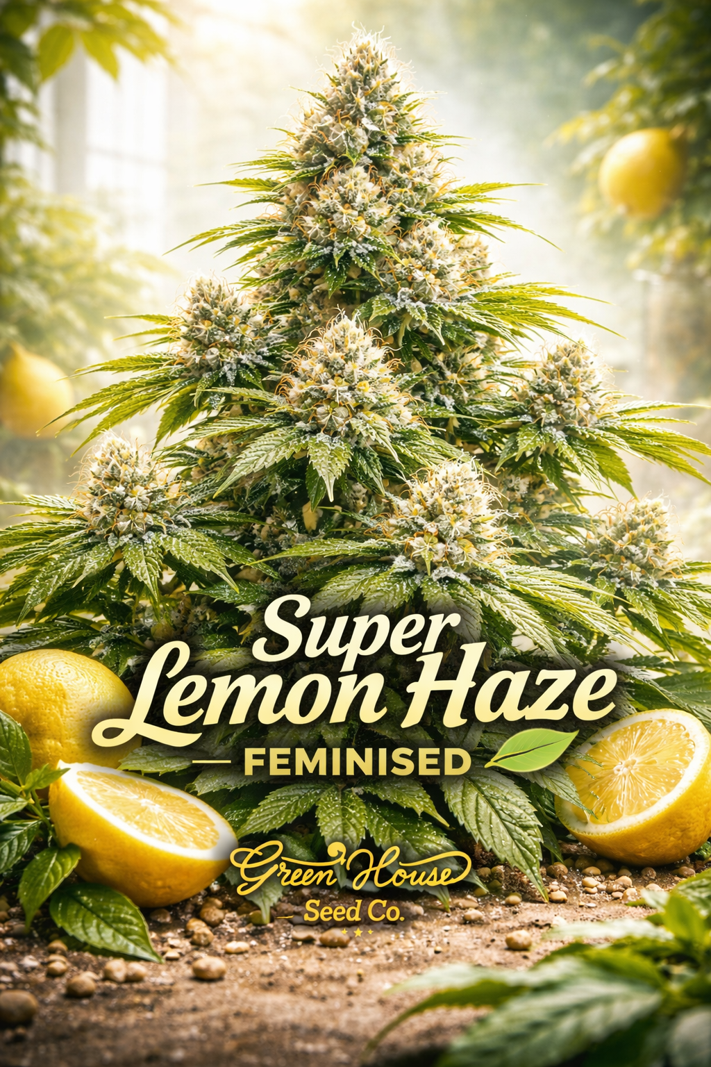 Ultra-high-definition product image of Super Lemon Haze Feminised cannabis seeds by Greenhouse Seed Co., showing a tall, open-branched plant with multiple frosted colas and narrow leaves, photographed straight-on in a bright, lemon-toned greenhouse setting with subtle citrus elements, with the strain name and breeder logo clearly visible.