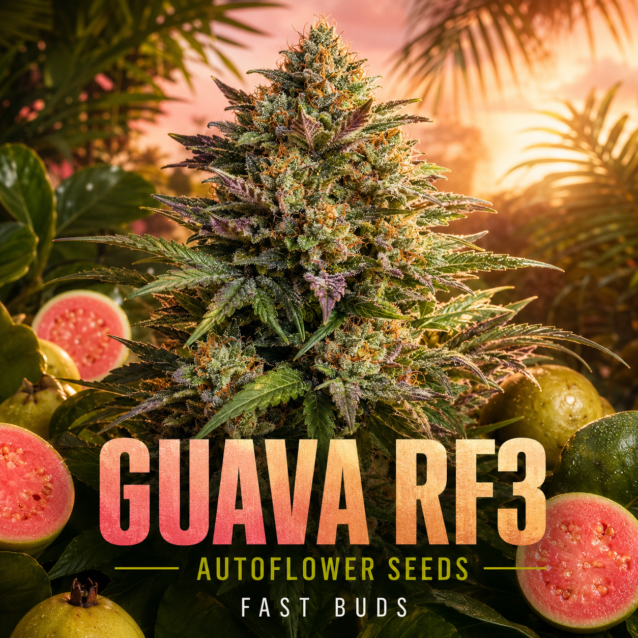 Promotional graphic for 'GUAVA RF3' autoflower seeds, featuring a large, detailed 3D illustration of a green and purple guava-flavored cannabis bud surrounded by sliced guavas and tropical leaves, with the text 'GUAVA RF3', 'AUTOFLOWER SEEDS', and 'FAST BUDS' at the bottom.  