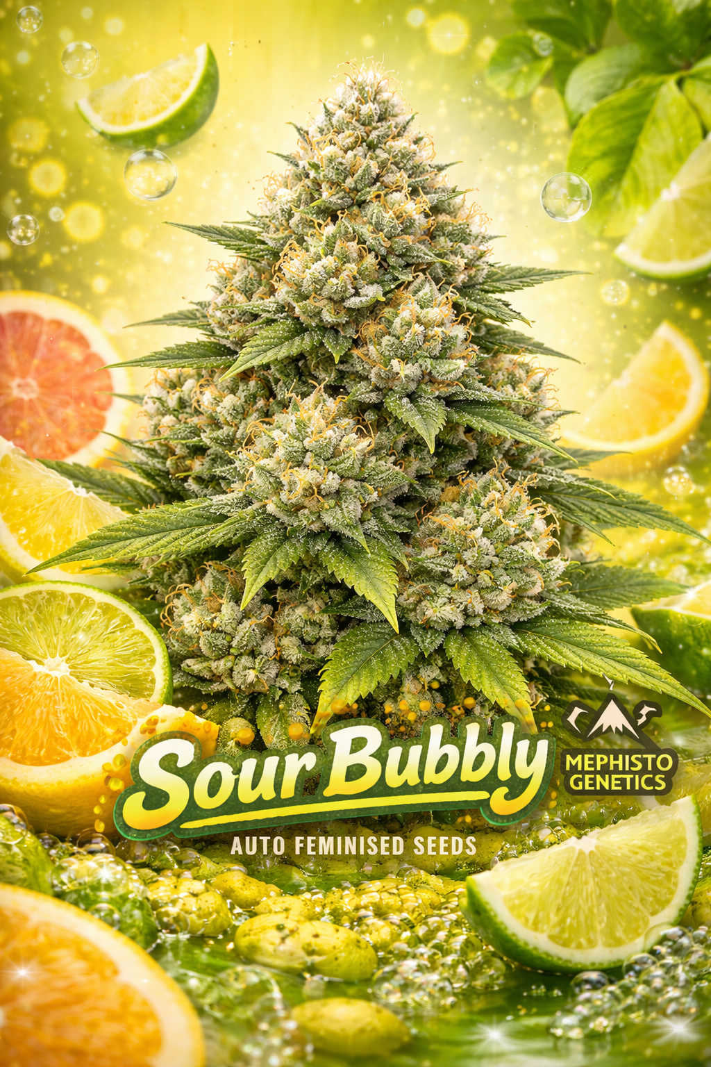 Sour Bubbly Auto Feminised Seeds – Mephisto Genetics — hyper-realistic frosty cannabis plant with bright green fan leaves and dense resinous buds; vibrant citrus scene featuring lemons, limes and grapefruit slices with bubbly sparkling liquid effects; glowing yellow background; bold rounded Sour Bubbly text and Mephisto Genetics logo at the bottom; no cultivation elements shown.