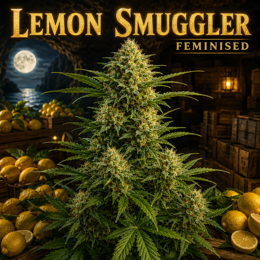 A large, feminized cannabis plant with dense green leaves and pale yellow-white buds stands in the center of a dark, rustic scene. The background features crates of lemons, a night sky with a full moon, and the bold text 'LEMON SMUGGLER FEMINISED' at the top.