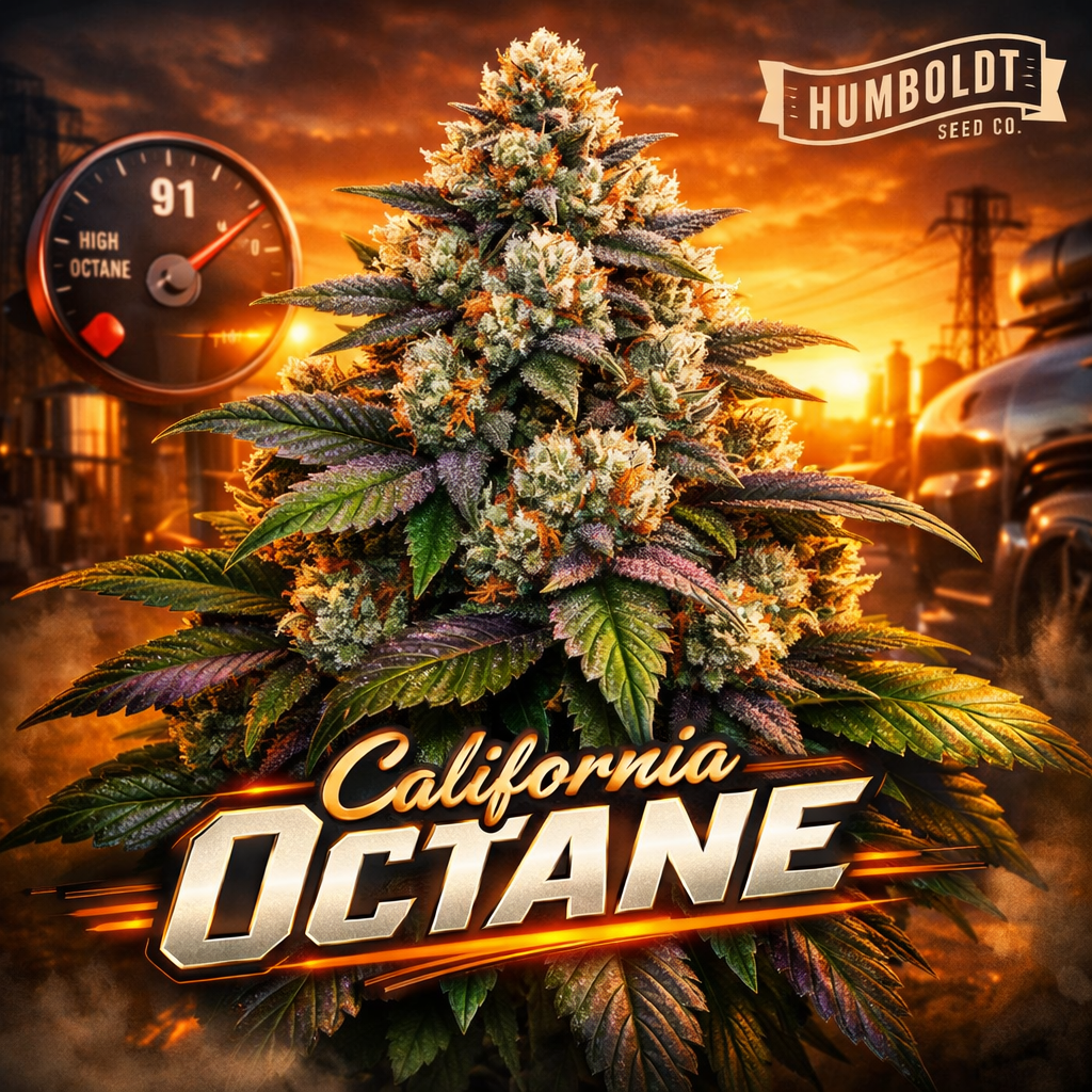Hyper-realistic California Octane Feminised Seeds artwork by Humboldt Seed Co., featuring a dense frosty cannabis plant with green, purple and orange tones, industrial sunset background, subtle automotive octane gauge elements, and bold metallic strain name typography.