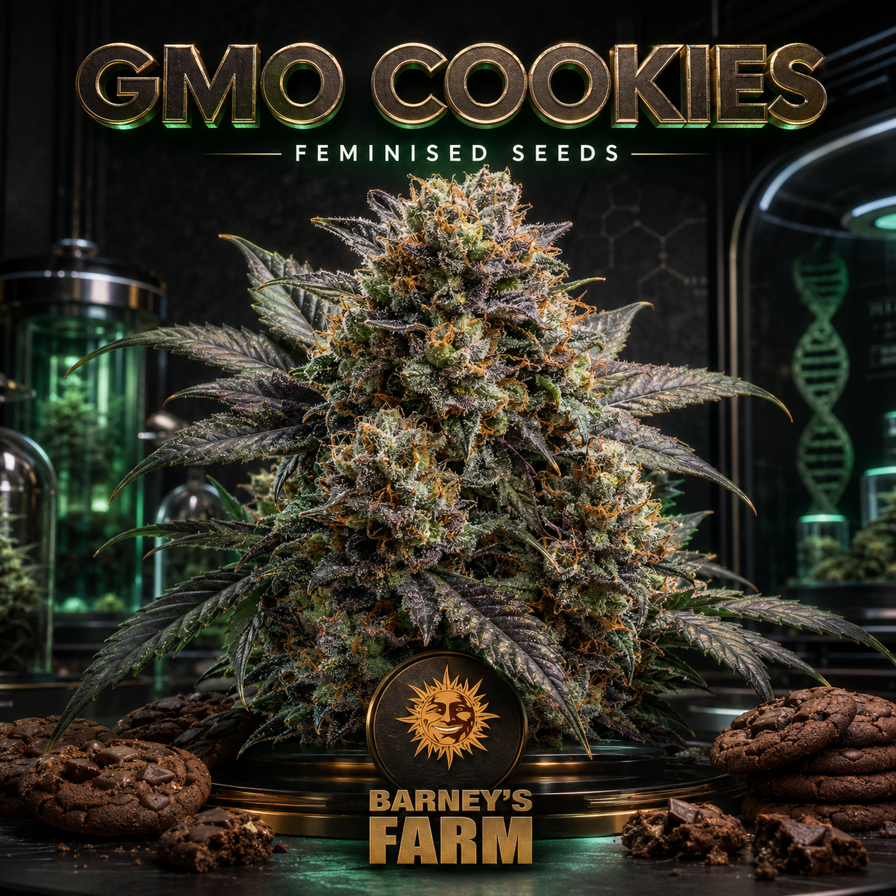 A large cannabis flower bud displayed in a studio setting with the text 'GMO COOKIES' at the top and 'Barney's Farm' at the bottom. Cookies are placed around the base of the plant, and laboratory-style glass jars and a DNA helix graphic appear in the background.