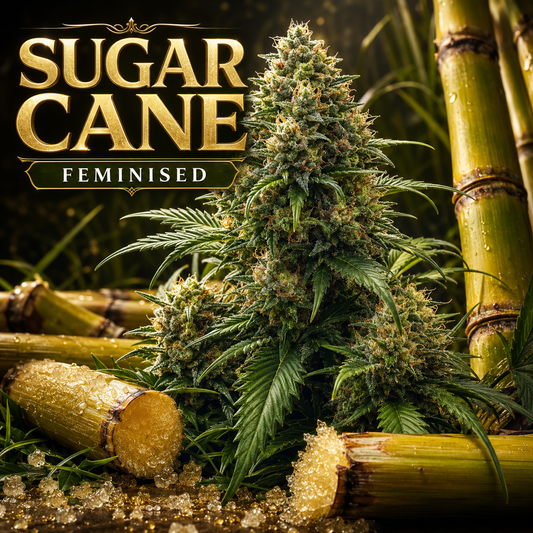 A large, detailed cannabis flower bud labeled 'SUGAR CANE FEMINISED' with cut sugar cane stalks and green leaves in the background and foreground.