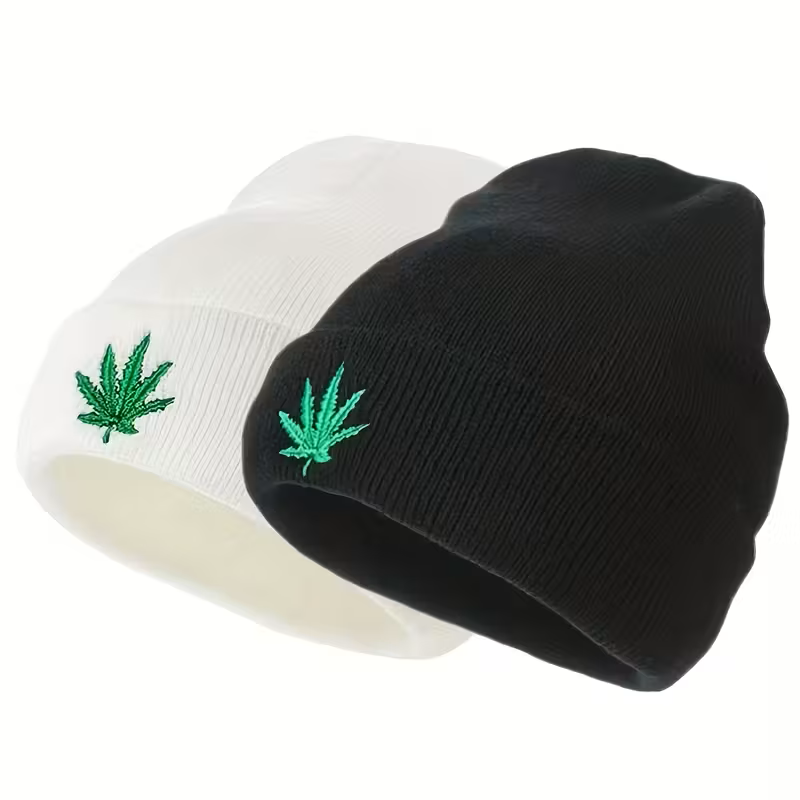 Cannabis leaf beanie hat black embroidered green leaf
