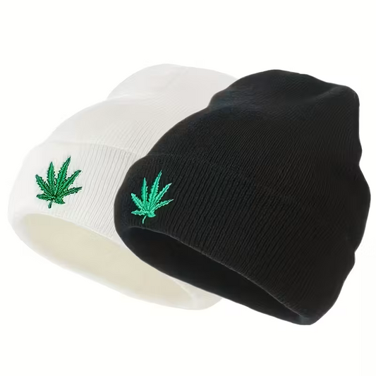 Cannabis leaf beanie hat black embroidered green leaf