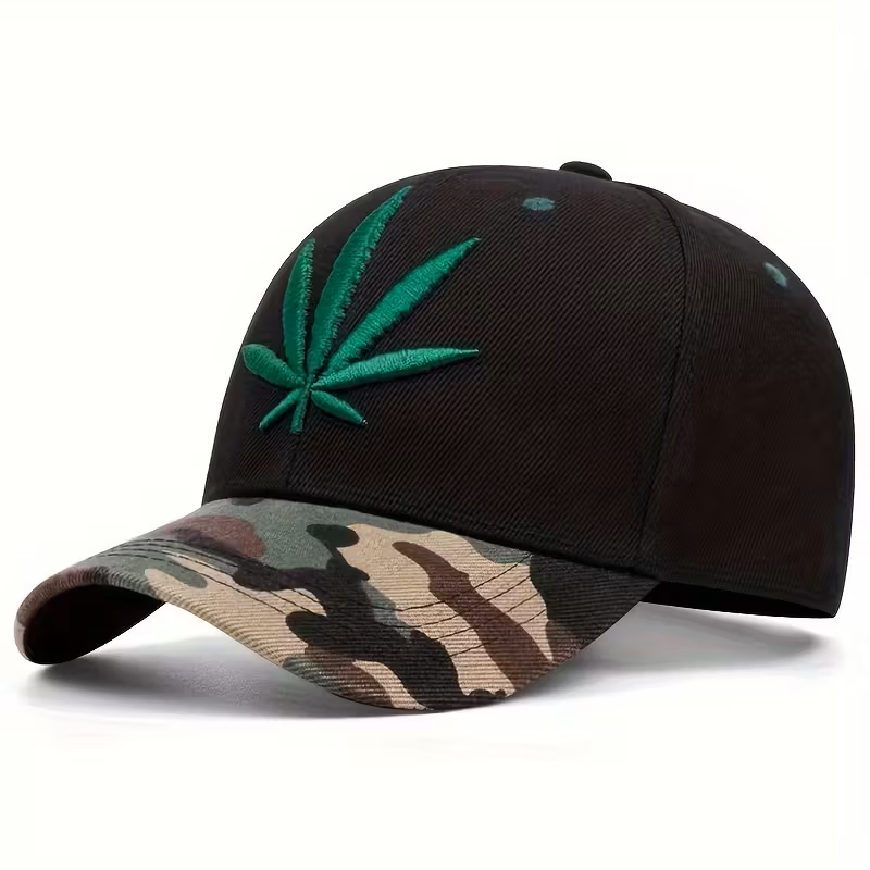 Black cannabis leaf baseball cap with camouflage peak