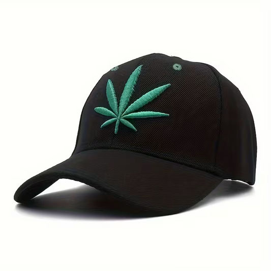 Black embroidered cannabis leaf baseball cap