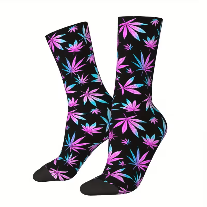 Pink and blue cannabis leaf socks black background