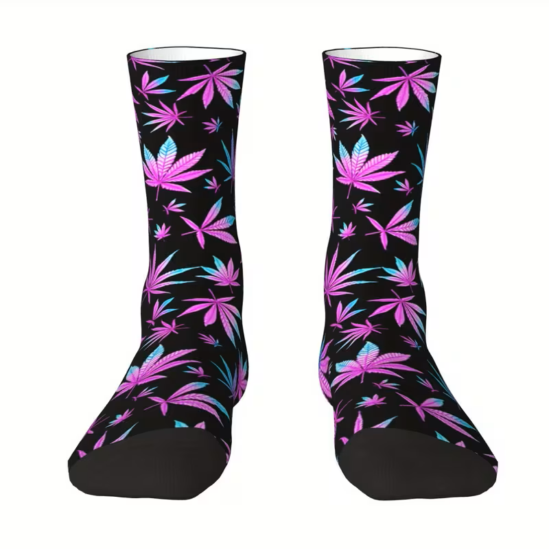 Pink and blue cannabis leaf socks black background front view